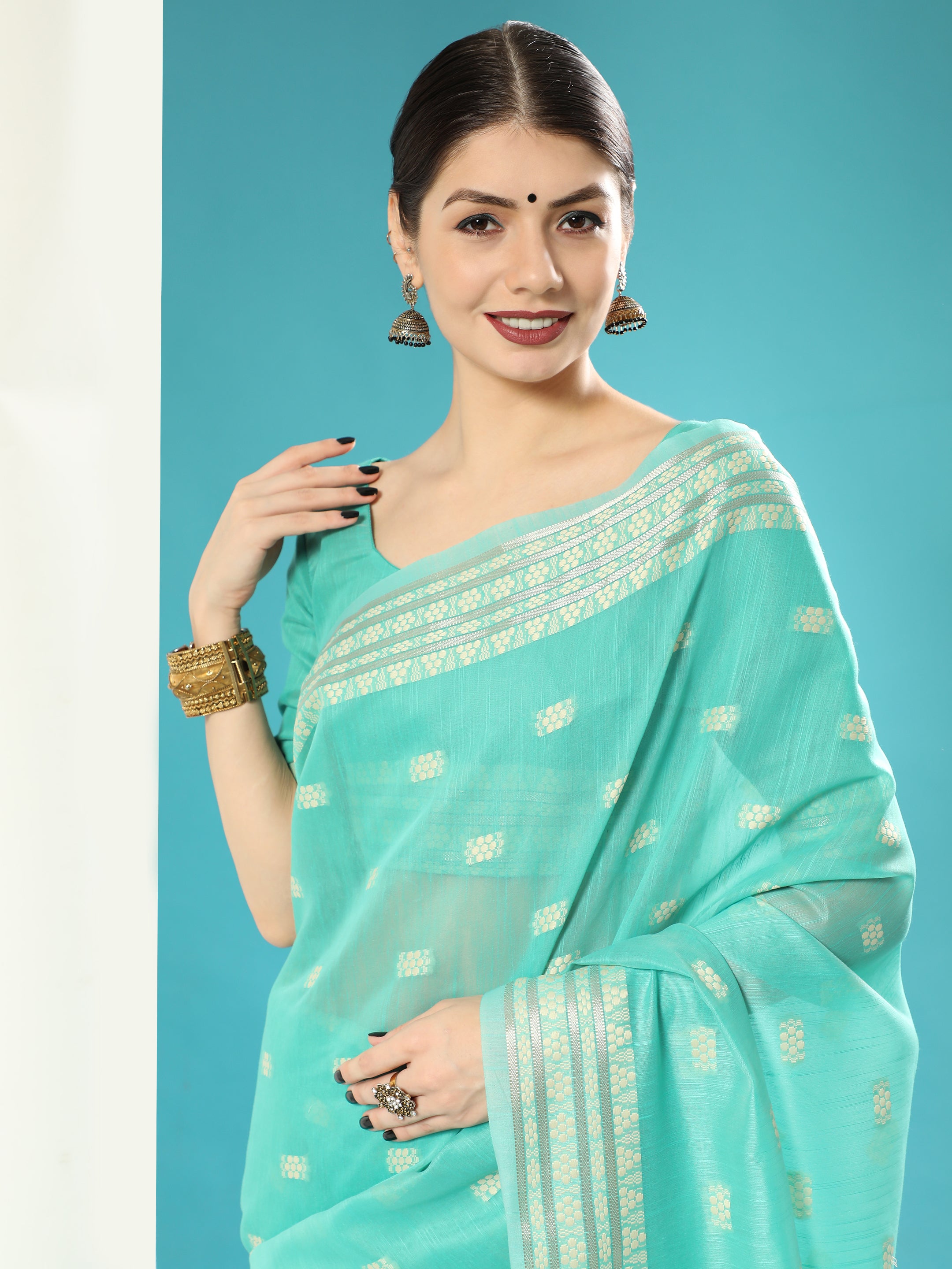 Vishnu Weaves Women's Sea Green Lucknowi Cotton Chikankari Woven Saree with Blouse - Distacart
