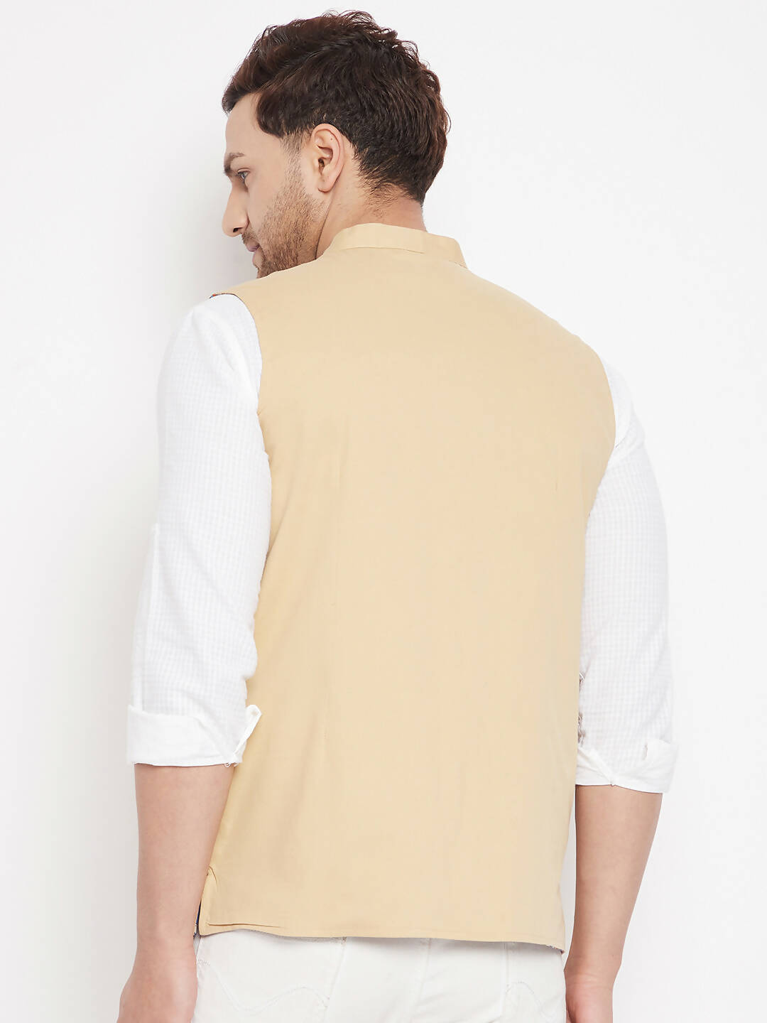 Even Apparels Beige Polyester Men's Nehru Jacket-Contrast Lining-Inbuilt Pocket Square - Distacart