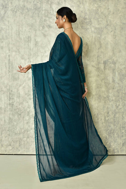 Teal Silk Solid Saree With Blouse Piece - Purvi - Distacart