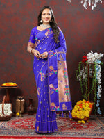 Thumbnail for Lorenvalley Fashion Blue Soft Paithani Silk Woven Design Copper Zari Meenakari Weaving Saree - Distacart