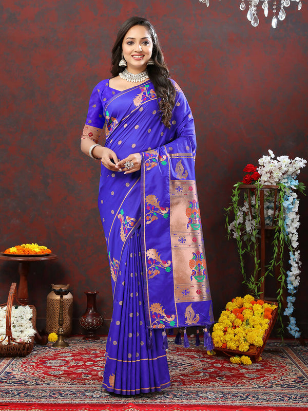 Lorenvalley Fashion Blue Soft Paithani Silk Woven Design Copper Zari Meenakari Weaving Saree - Distacart