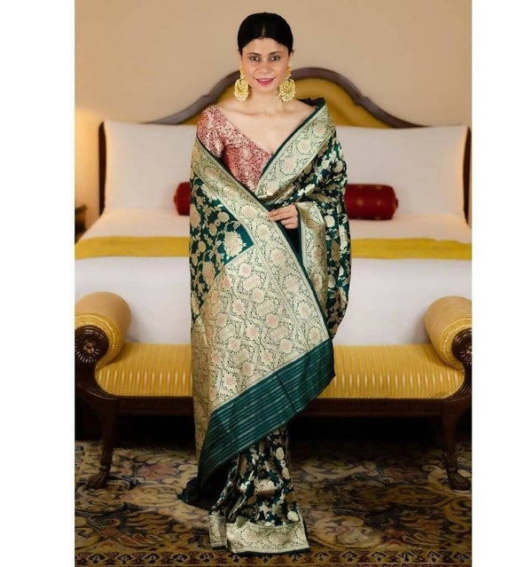 DEIANA'S Beautiful Golden Jari with New Design Soft Lichi Silk Saree - Green - Distacart