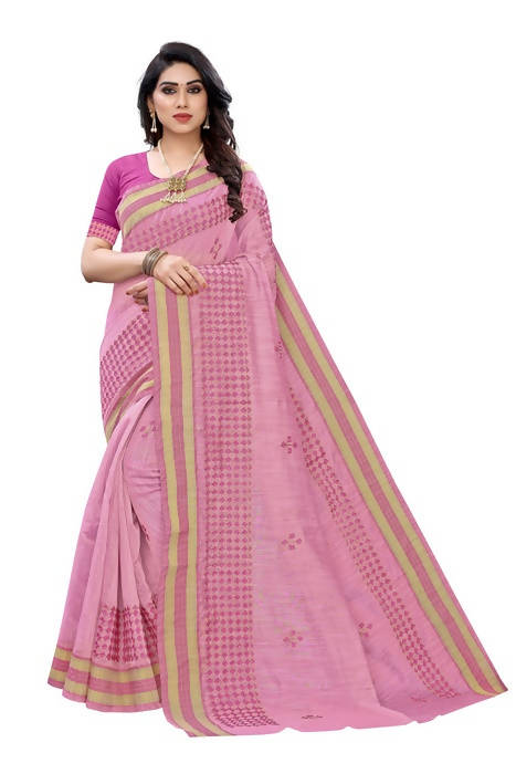 Vamika Embroidery Pink Chanderi Saree (MINI CHECKS BLUE)