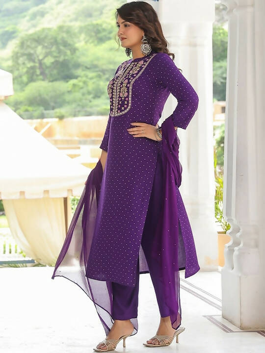 Kalini Floral Embroidered Mandarin Collar Regular Mirror Work Kurta & Trousers & Dupatta - Distacart
