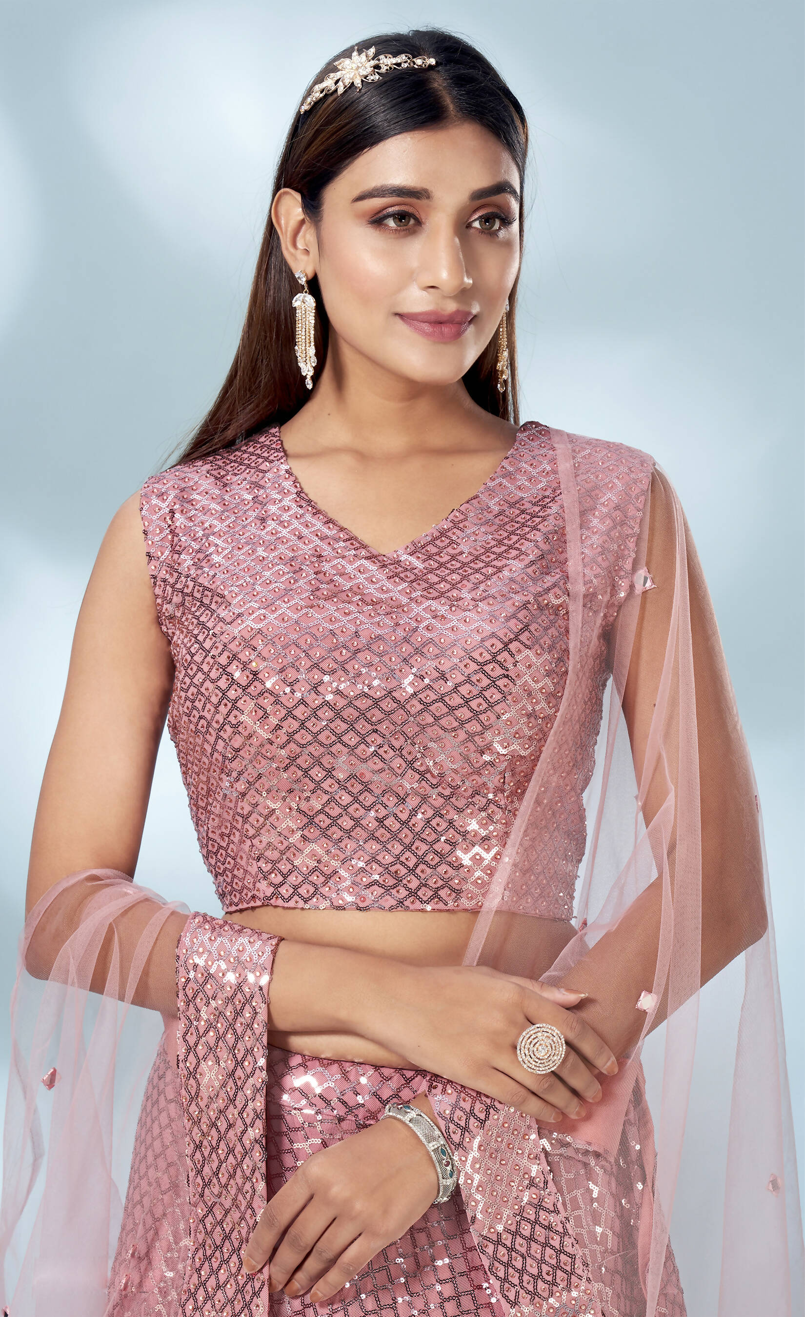 Pink Net Heavy Sequence work Lehenga Choli with Dupatta - Tanya - Distacart