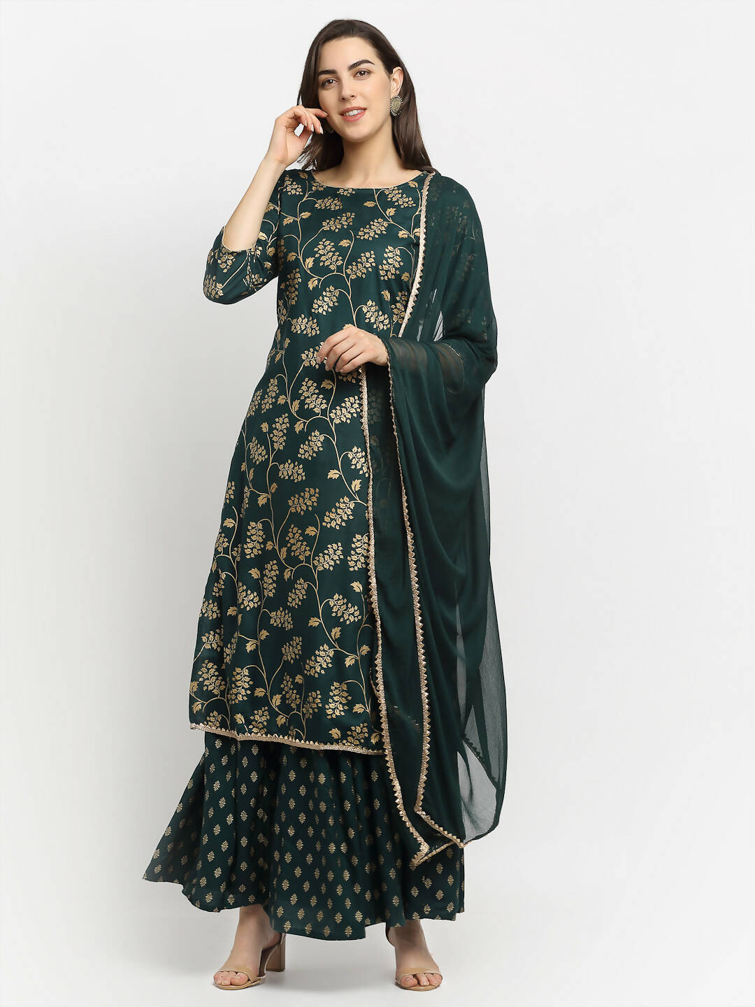 Rudra Bazaar Green Gold Printed Straight Kurta with Gold Printed Skirt & Dupatta - Distacart