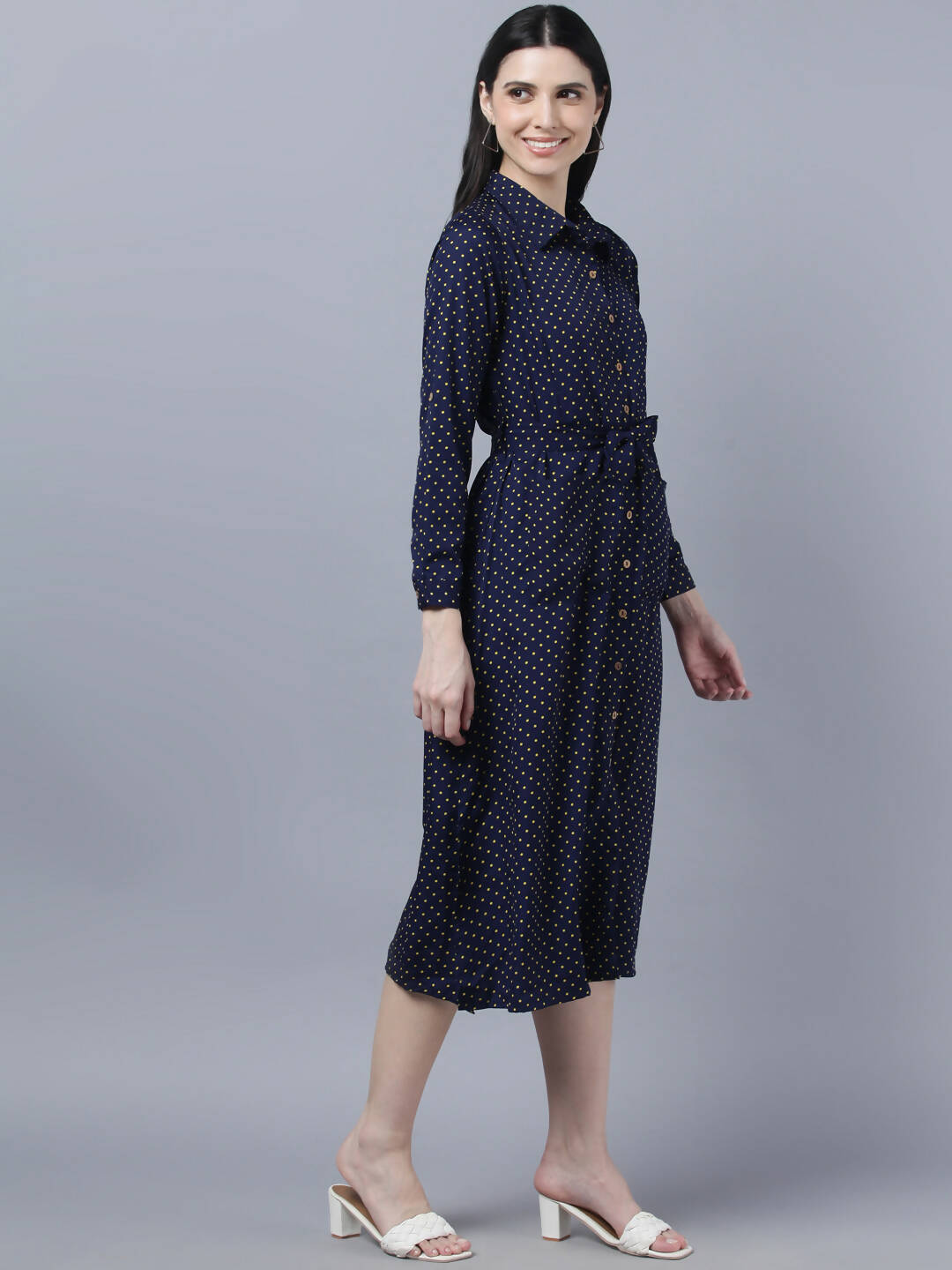 Myshka Women Navy Blue Yellow Printed Shirt Dress - Distacart