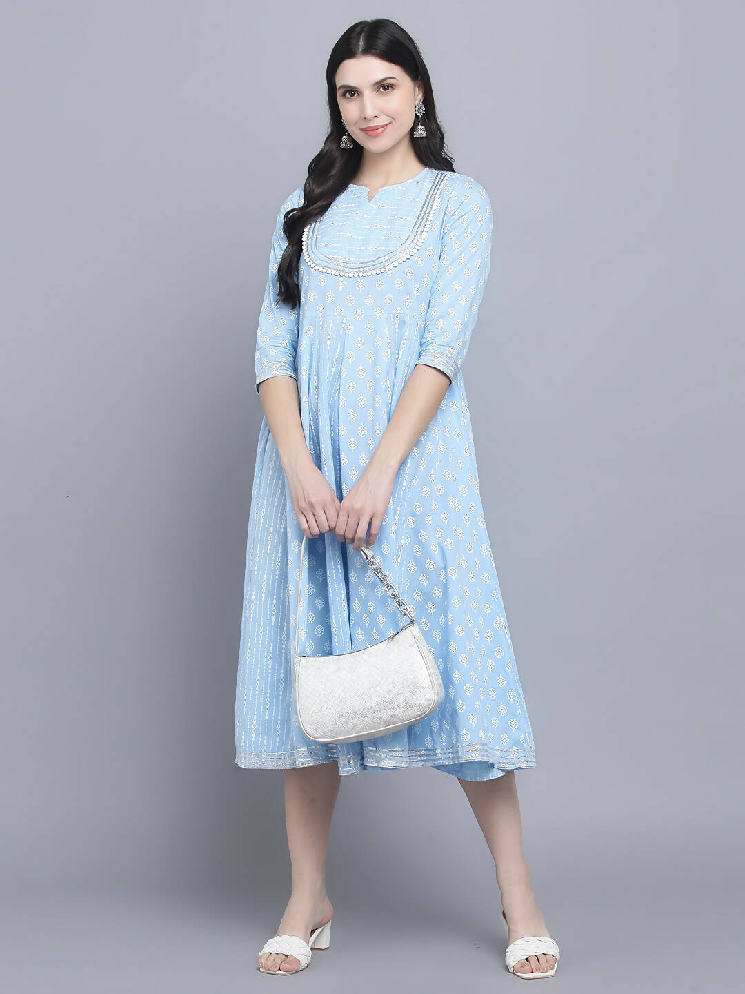 Myshka Women's Blue Ethnic Motifs Empire Midi Dress - Distacart