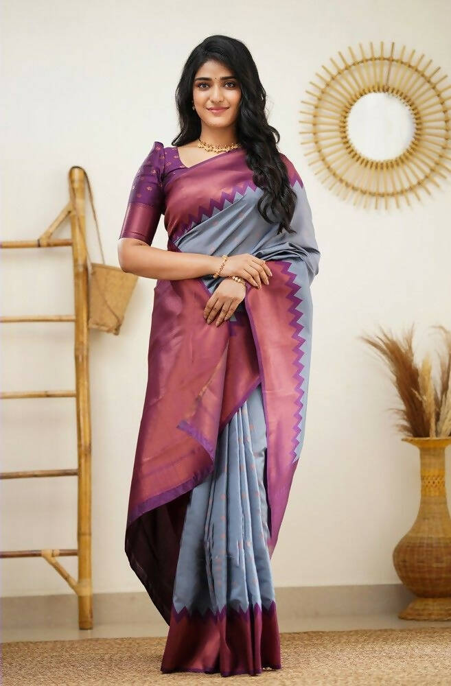 DEIANA'S Beautiful Golden Jari with New Design Soft Lichi Silk Saree - Grey - Distacart