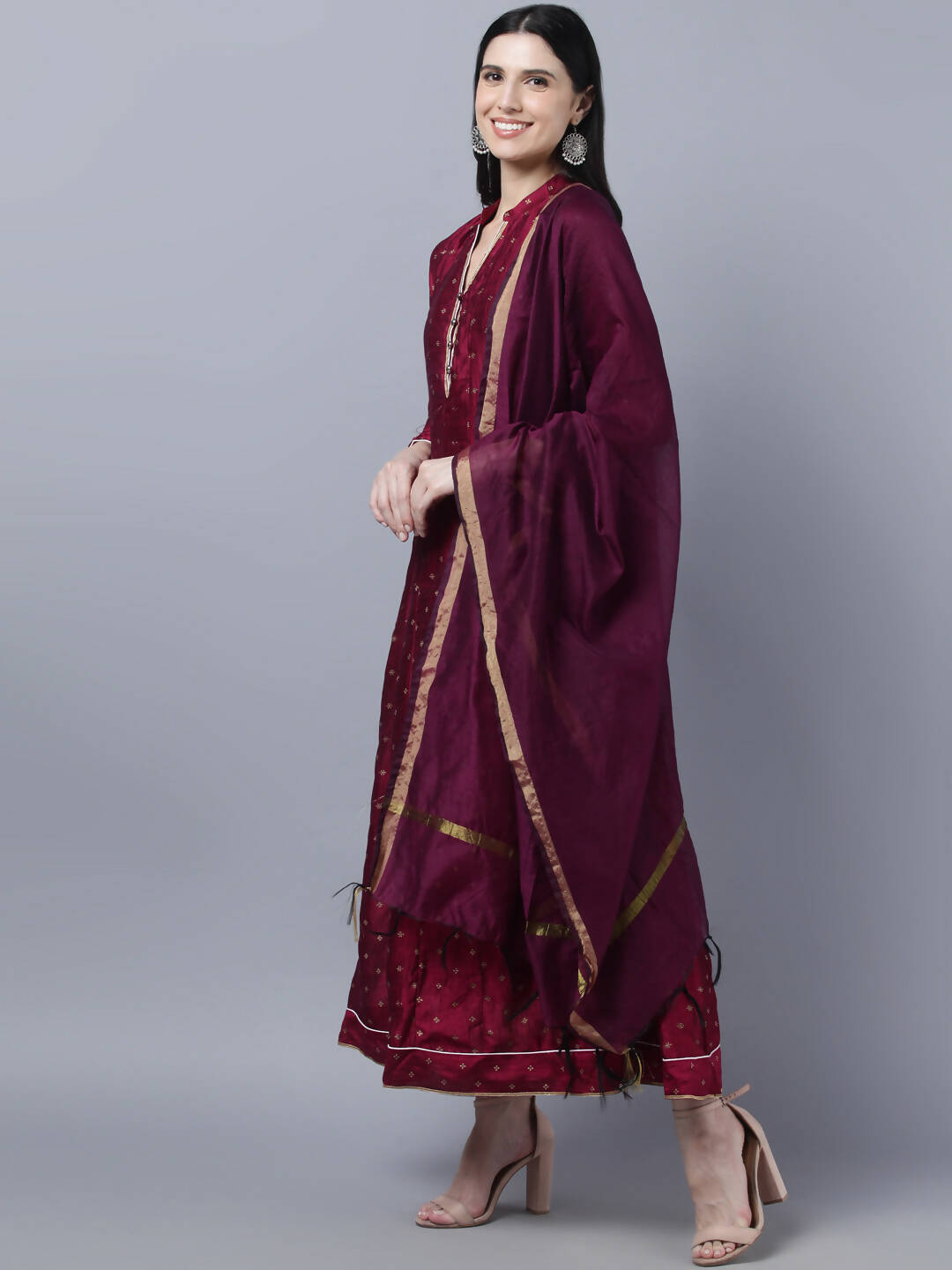 Myshka Women Brown Gold-Toned Anarkali Kurta With Dupatta - Distacart