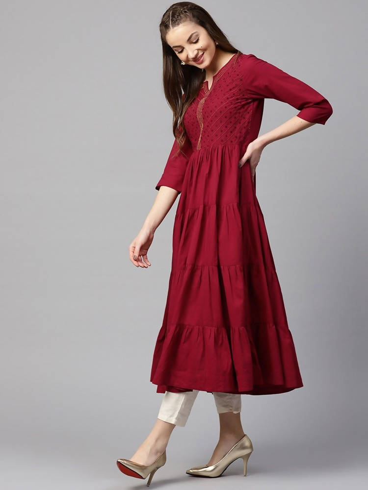 Yufta Women Maroon Embroidered Tiered Anarkali Kurta