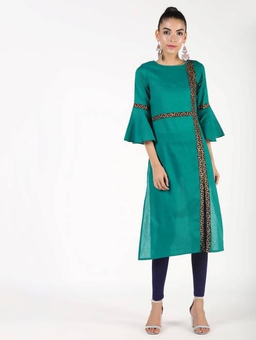 Aniyah Cotton Bell Sleeve Solid Straight Kurta In Turquoise Color (AN-147K)