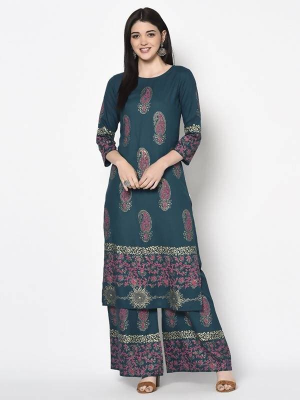 Aniyah Rayon Teal Blue Color Block Print Straight Kurta Palazzo Set (AN-223K)