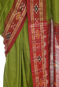 Thumbnail for Vamika Sambalpuri Ikat Cotton Rekhabala Buti Green & Red Saree - Distacart