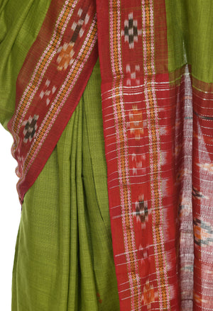 Vamika Sambalpuri Ikat Cotton Rekhabala Buti Green & Red Saree - Distacart