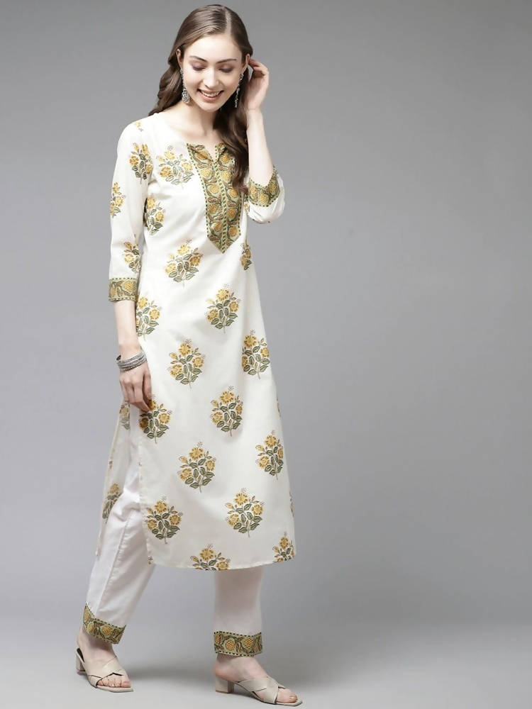 Yufta White yellow Floral Print kurta with Trouser & Dupatta set
