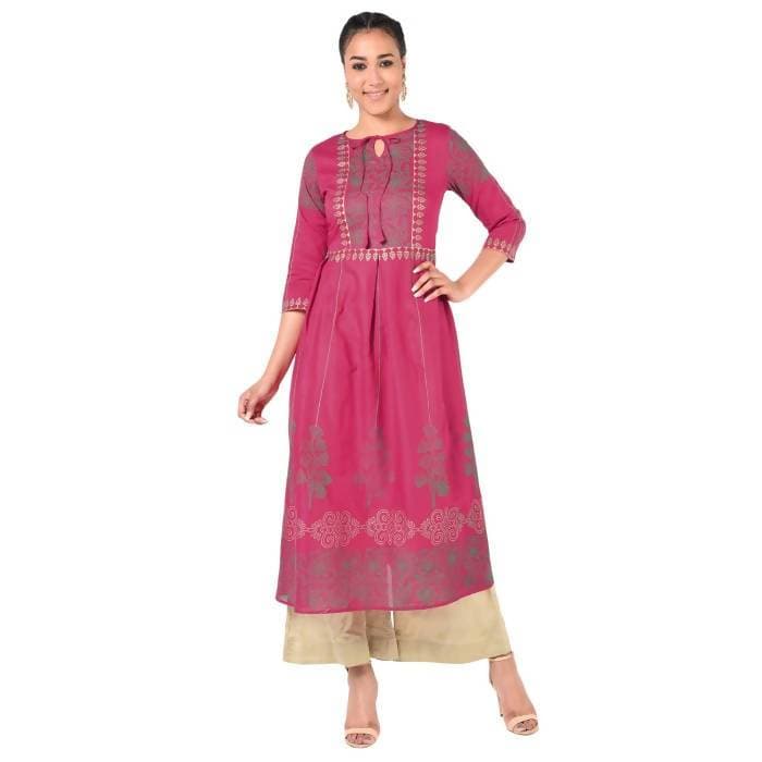 Aniyah Cotton Gold Print Flared Kurta Fuchsia (AN-163K)