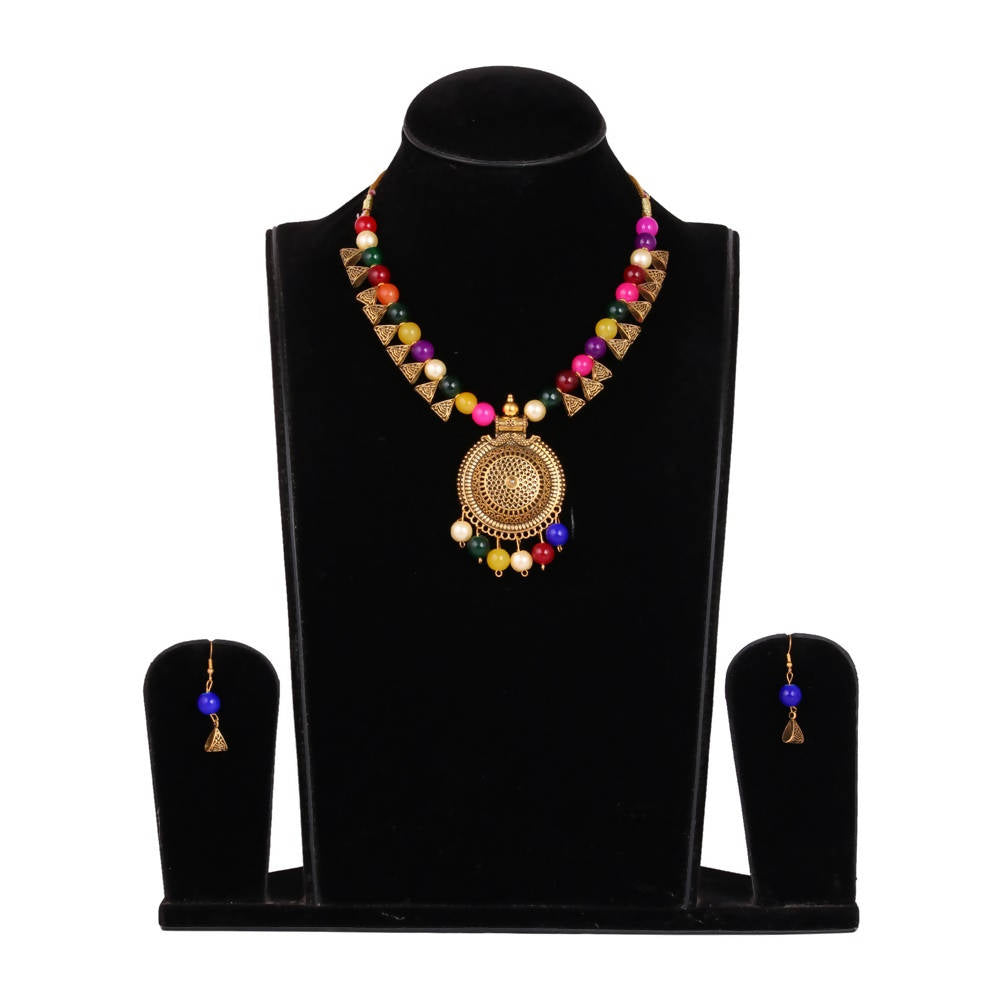 Tehzeeb Creations Multi Colour Pearl Necklace And Earrings With Golden Plated