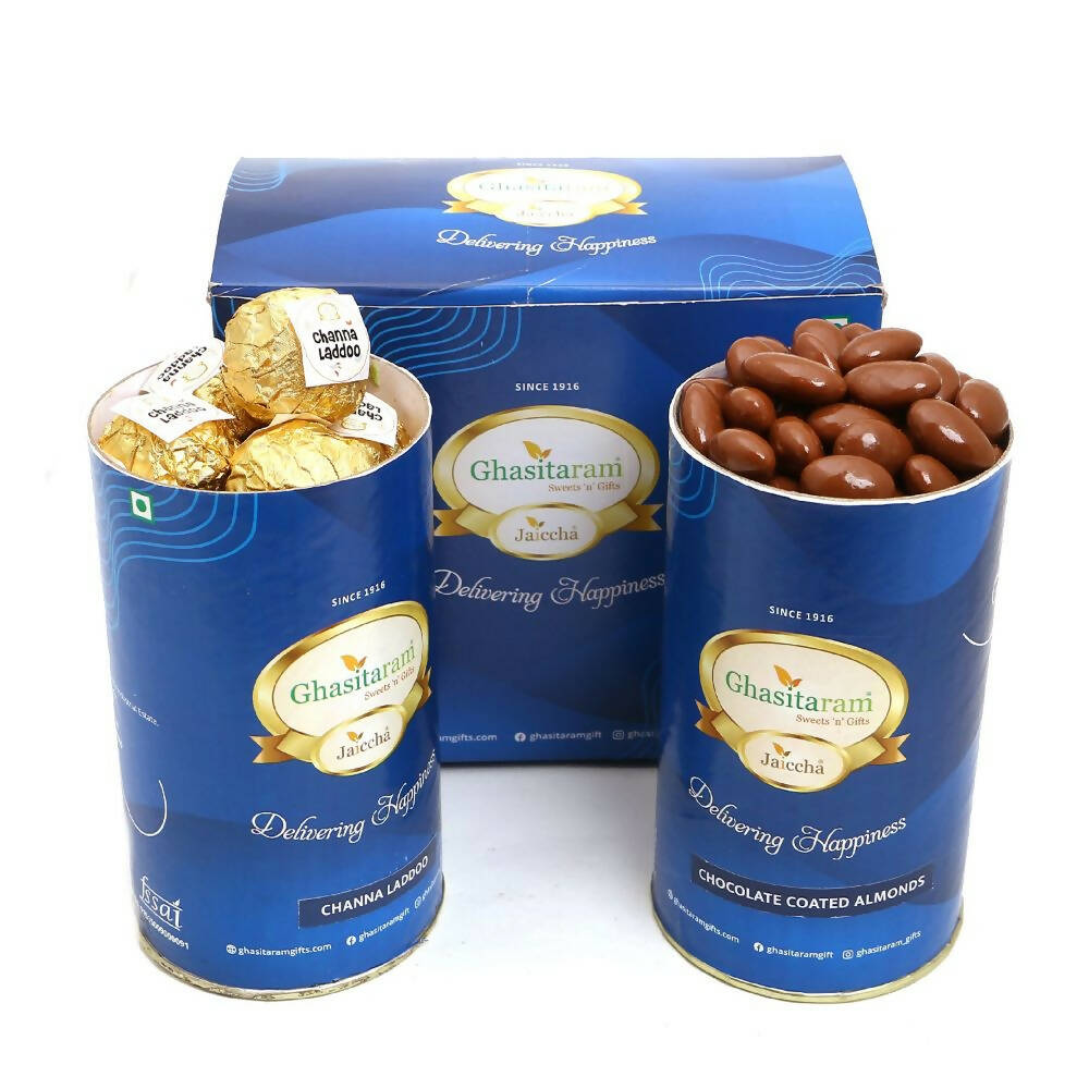 Ghasitaram Channa Laddoo & Chocolate Coated Almond Cans - Distacart