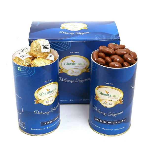 Ghasitaram Channa Laddoo & Chocolate Coated Almond Cans - Distacart