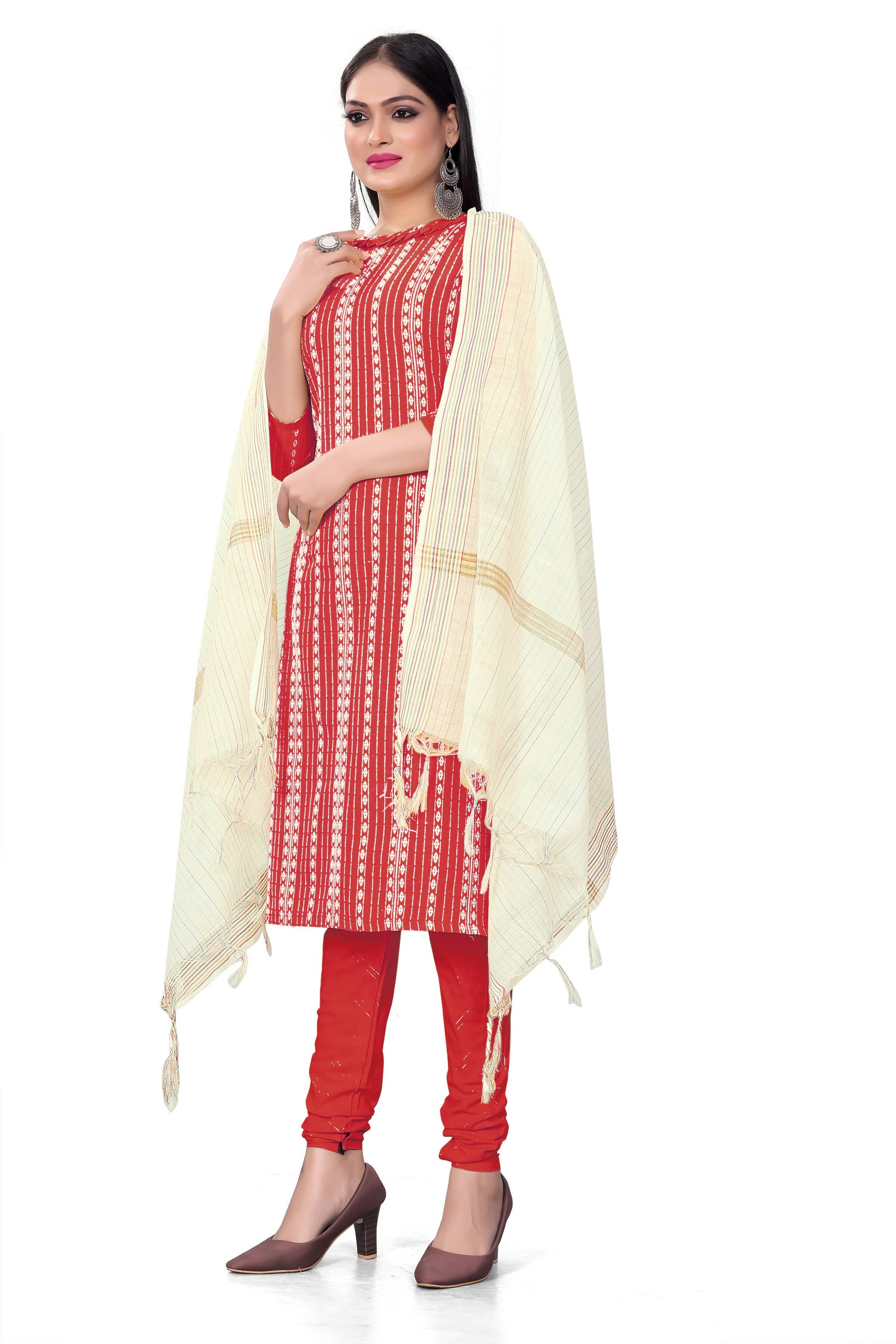 Red Cotton Jacquard Woven Unstitched Dress Material - Amara - Distacart