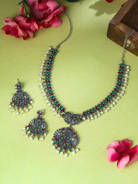 Thumbnail for NVR Women Stone Studded Oxidised Silver Jewellery Set - Distacart
