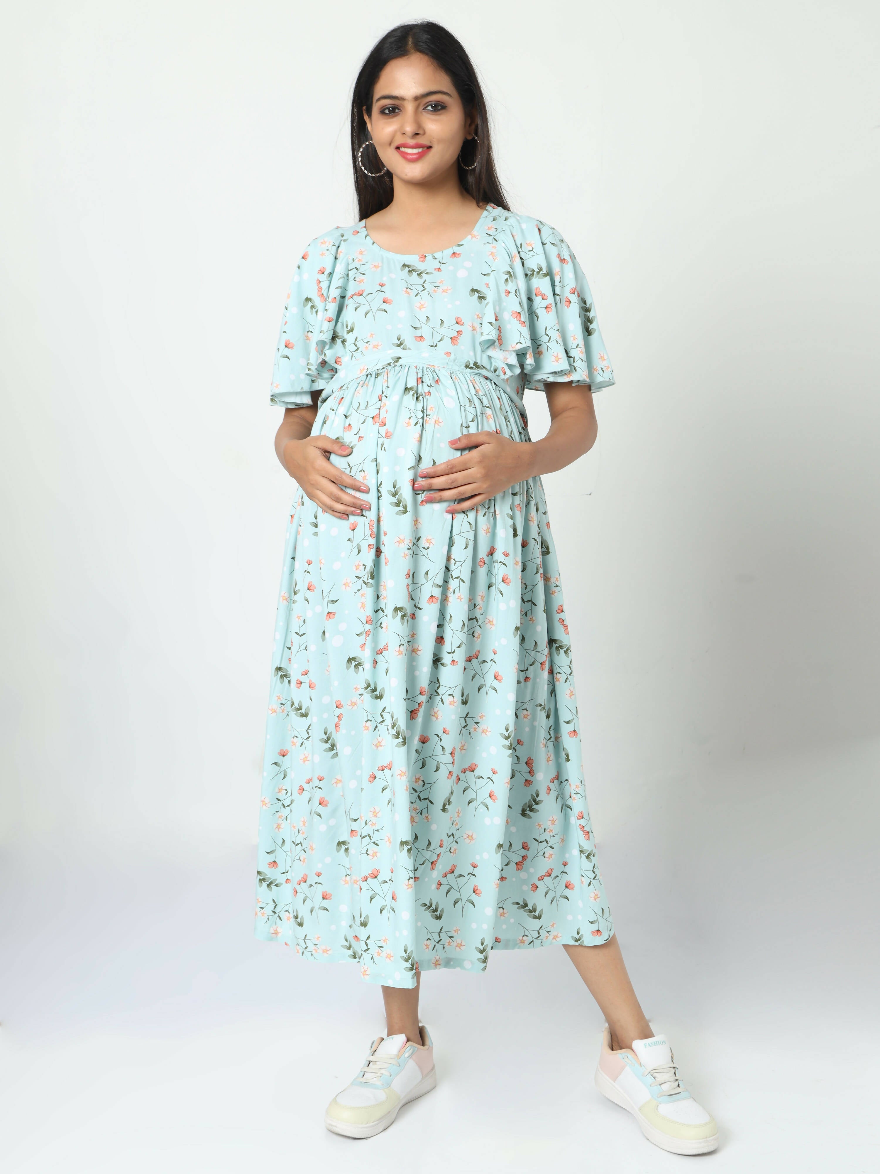 Manet Frill With Sleeve Maternity Dress Floral Print With Concealed Zipper Nursing Access - Green - Distacart
