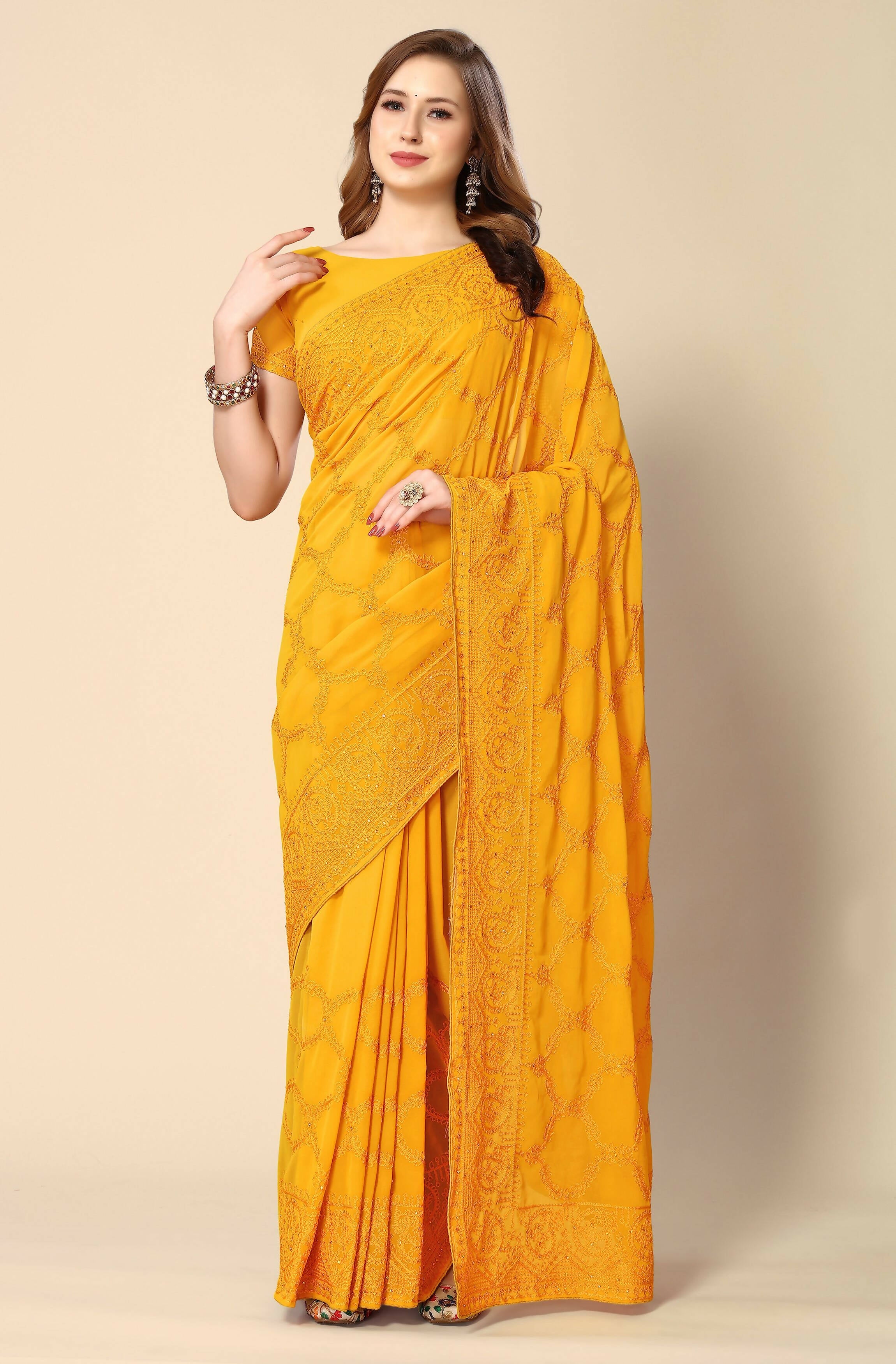 Mustard Georgette Embroidered and Stone Work Saree with Unstitched Blouse Piece - Roozal - Distacart