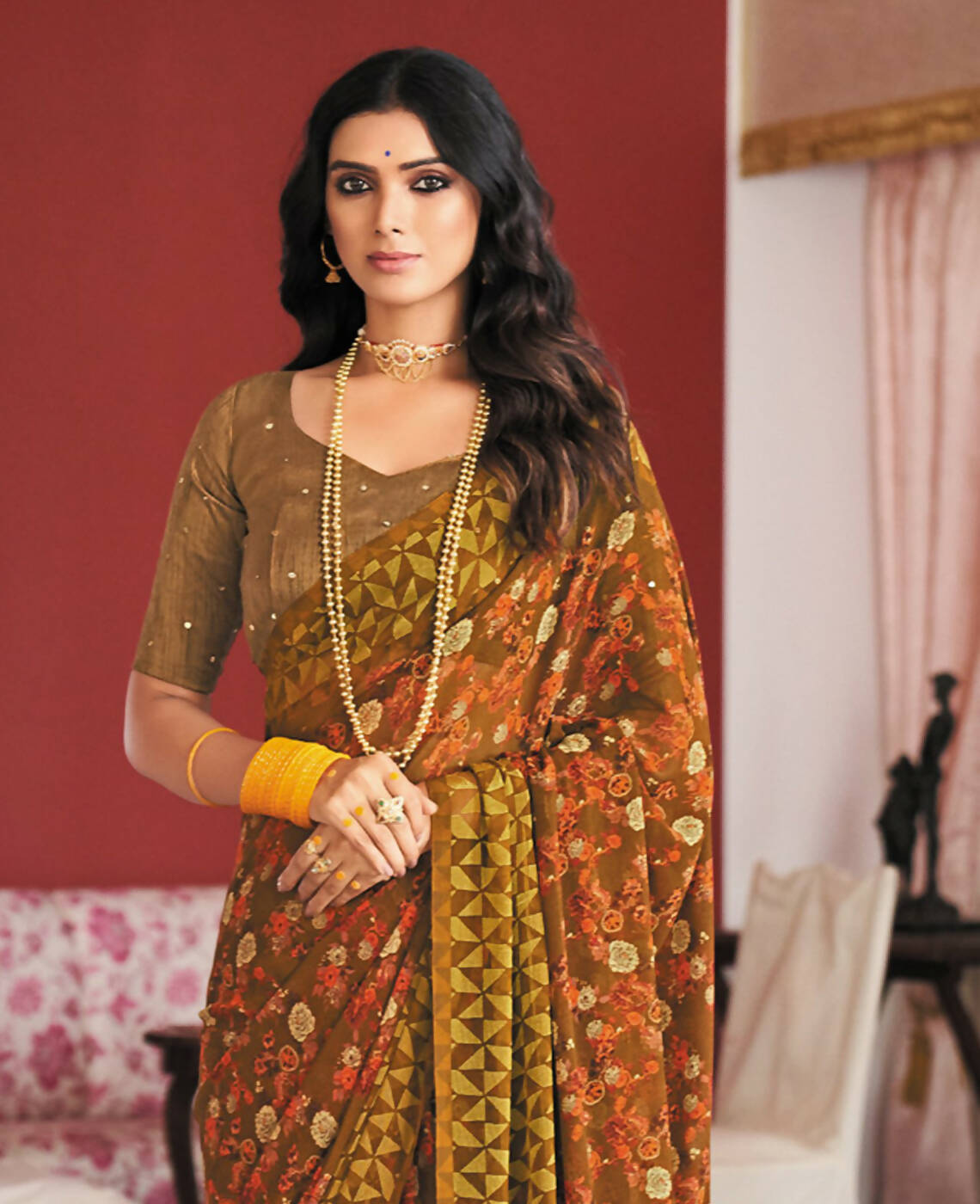 Brown Georgette Brasso Floral Printed Saree With Unstitched Blouse Piece - Zyanya - Distacart