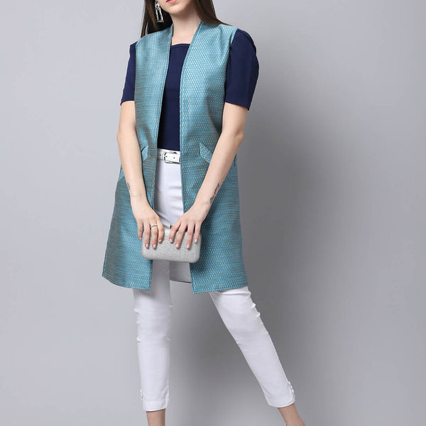 Even Apparels Blue Bansari Silk Open Front Women's Long Coat - Distacart