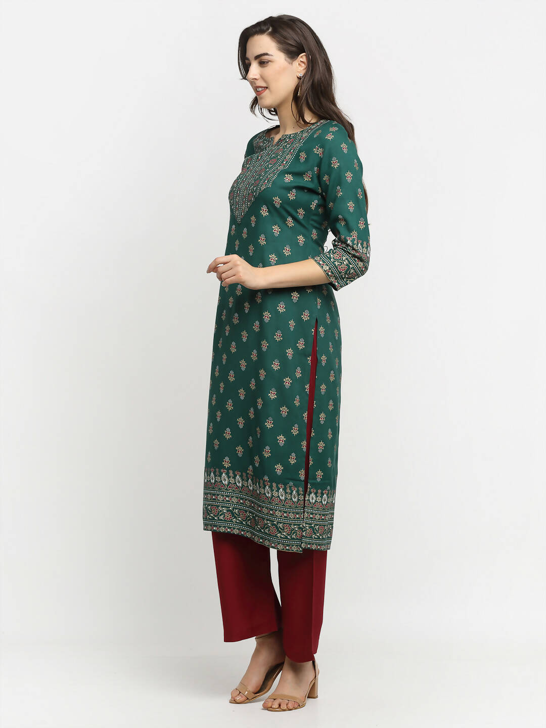 Rudra Bazaar Green Printed Yoke Designed Straight Kurta with Maroon Pyjamas - Distacart