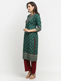 Thumbnail for Rudra Bazaar Green Printed Yoke Designed Straight Kurta with Maroon Pyjamas - Distacart