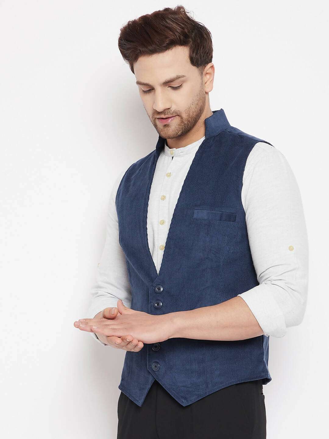 Even Apparels Blue Merino Men Woven Nehru Jacket - Distacart