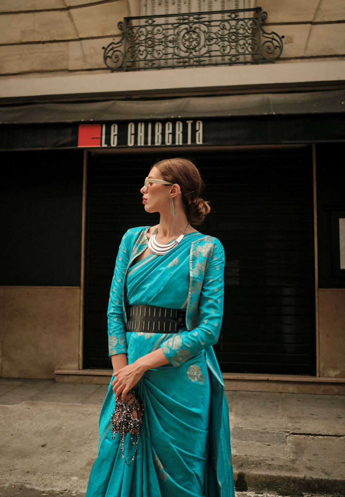 Firozi Blue Weavead Thread & Zari Work, Handloom Weaving Banarasi Satin Silk Saree - Rajtex Kronicle Silk - Distacart