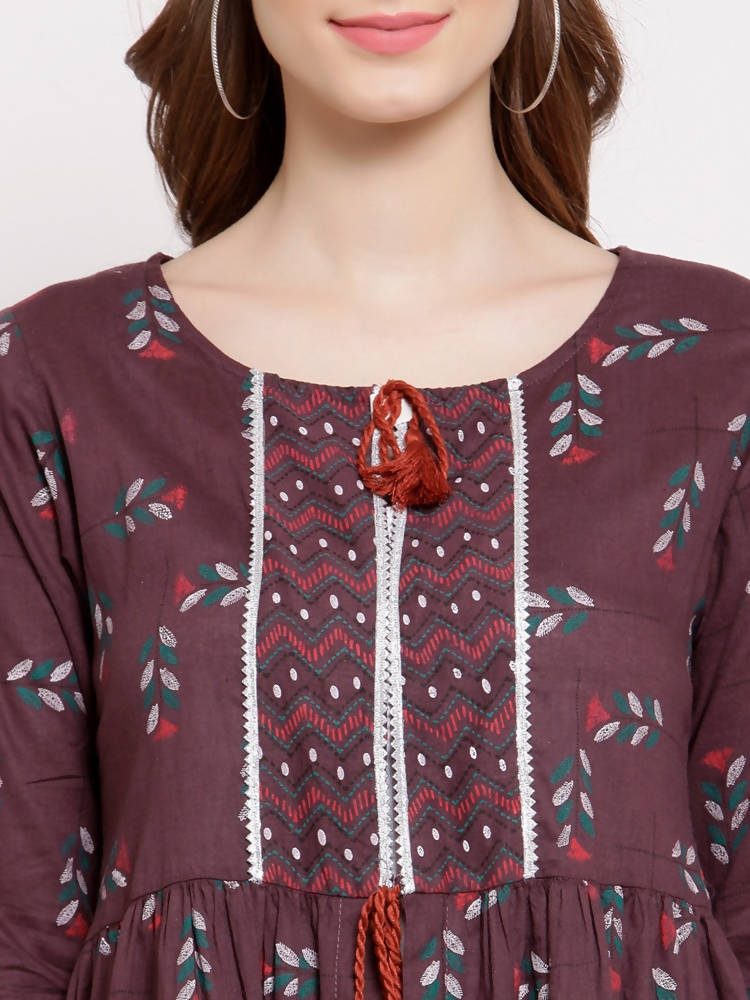 Myshka Women's Wine Cotton 3/4 Sleeve Round Neck Printed Casual Shrug