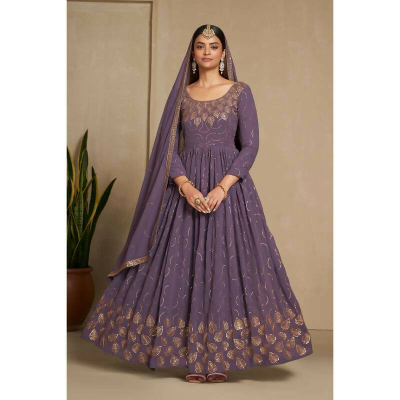 Aastha Fashion Women's Lavender Faux Georgette Zari & Sequins Embroidery Gown with Dupatta - Distacart