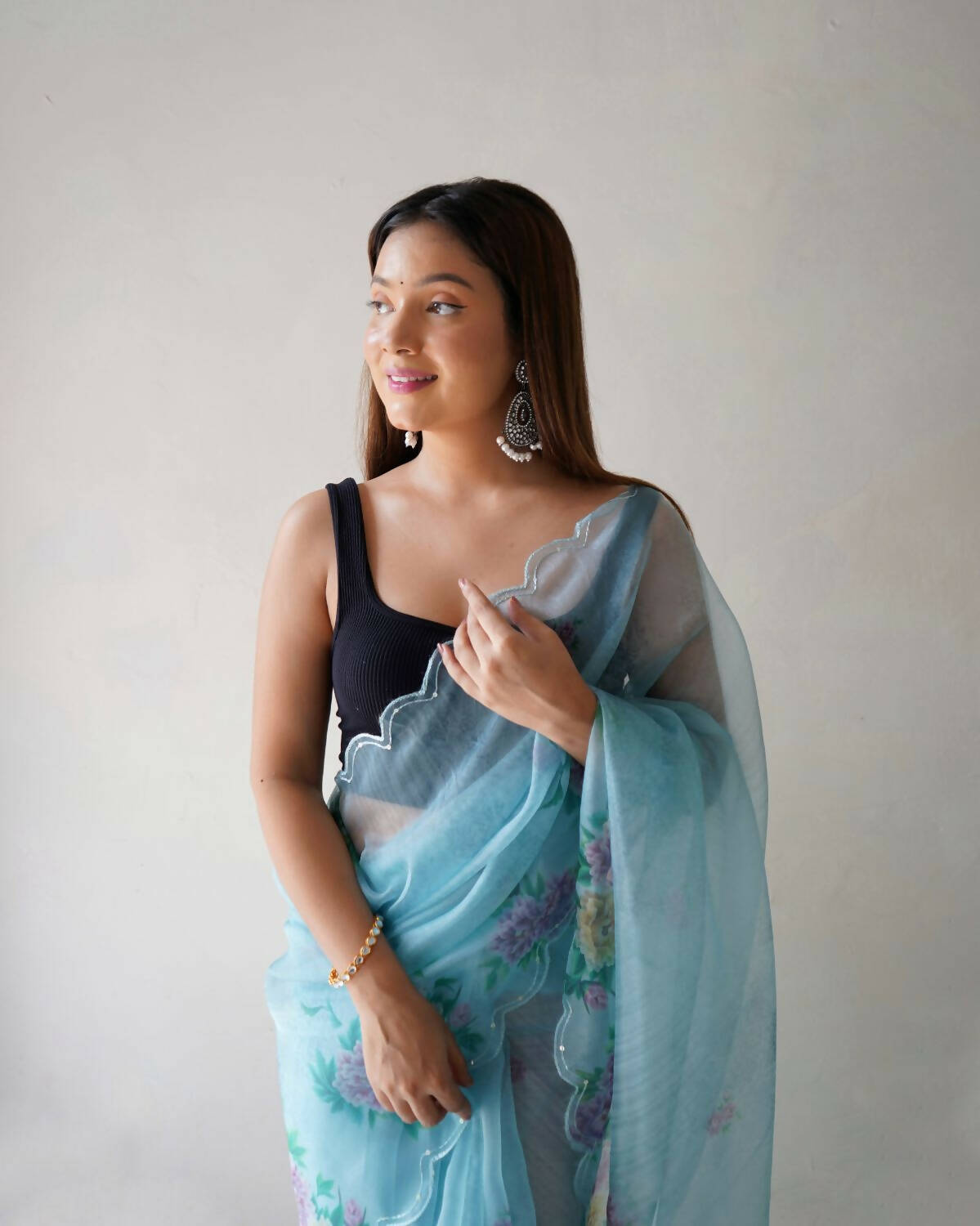 Vamsee Sky Blue Organza Saree - Distacart