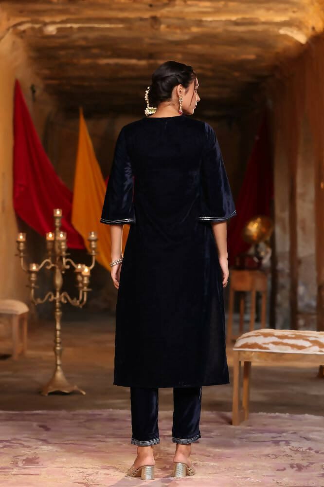 Juniper Women Navy Velvet Embroidered Straight Kurta Sets - Distacart