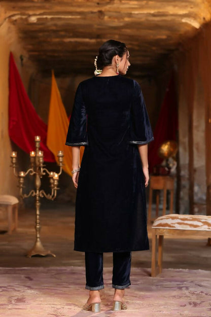 Juniper Women Navy Velvet Embroidered Straight Kurta Sets - Distacart