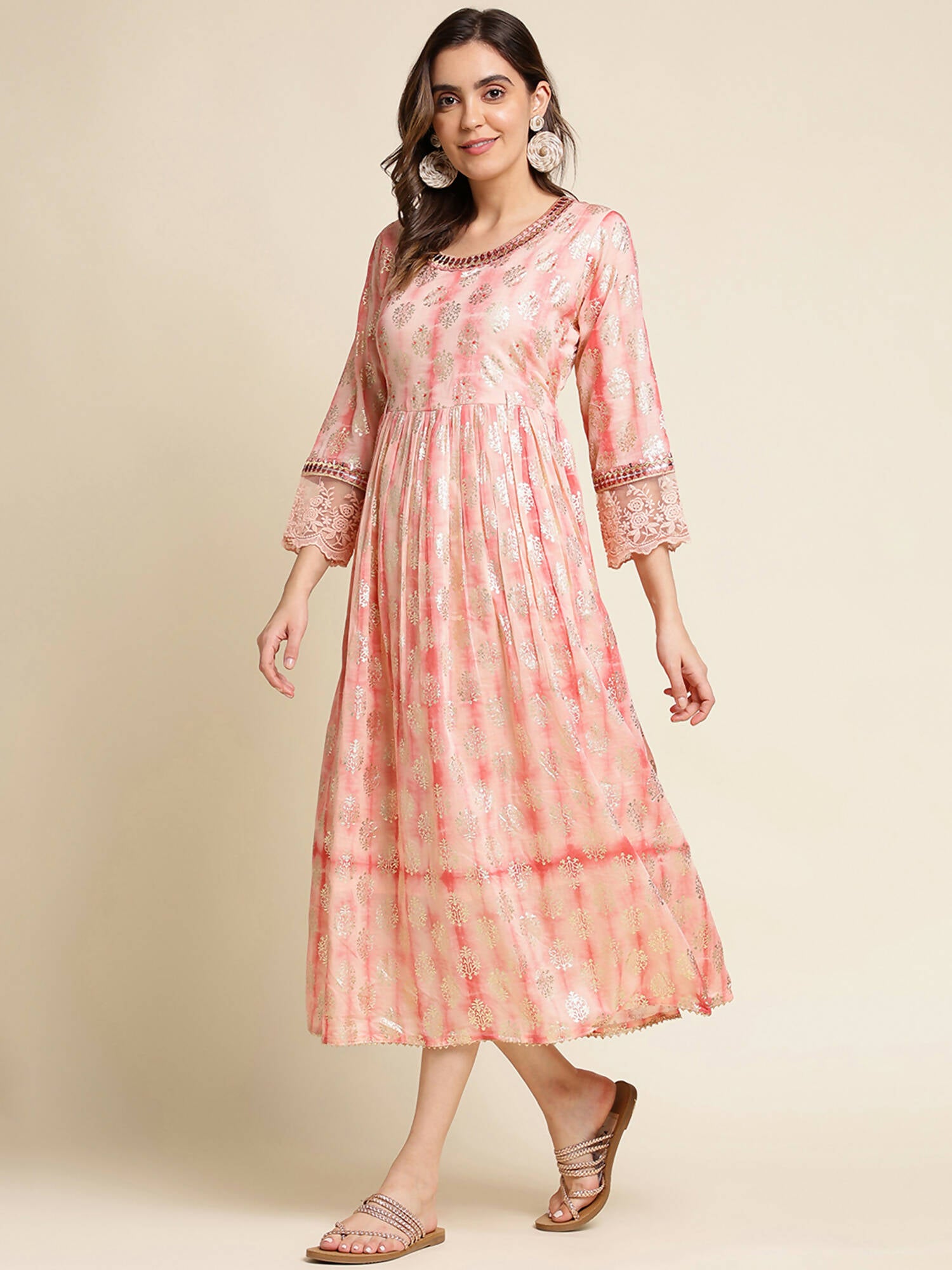 Peach Cotton Paisley Printed Fit & Flare Dress - Yukti - Distacart