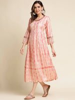 Thumbnail for Peach Cotton Paisley Printed Fit & Flare Dress - Yukti - Distacart