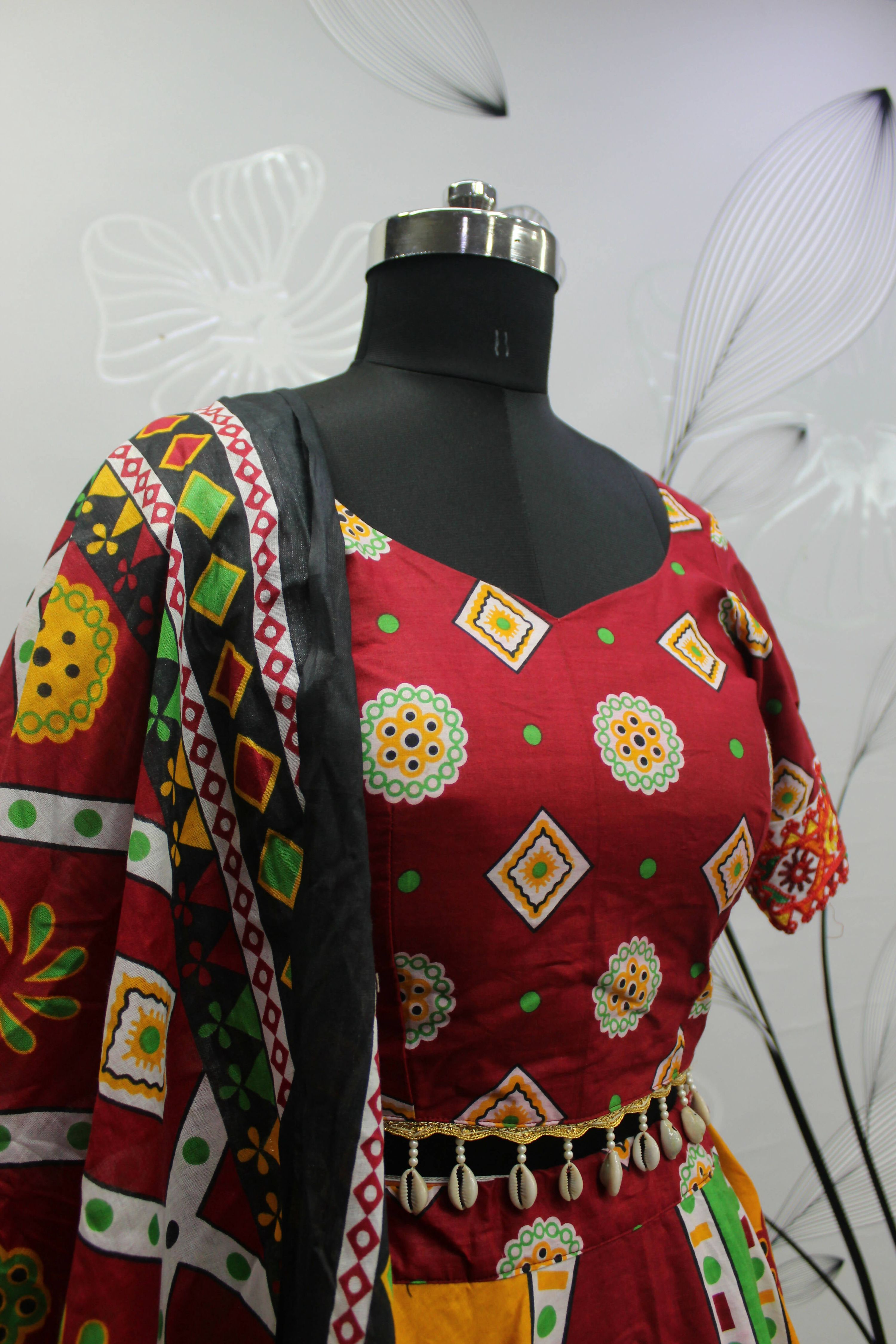 Multi Color Pure Cotton Hand Block Print Navratri Lehenga Choli with Dupatta - Raas - Distacart