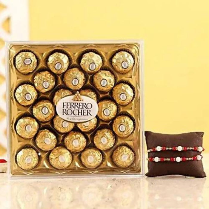 Two Pearl Rakhis & Ferrero Rocher Box