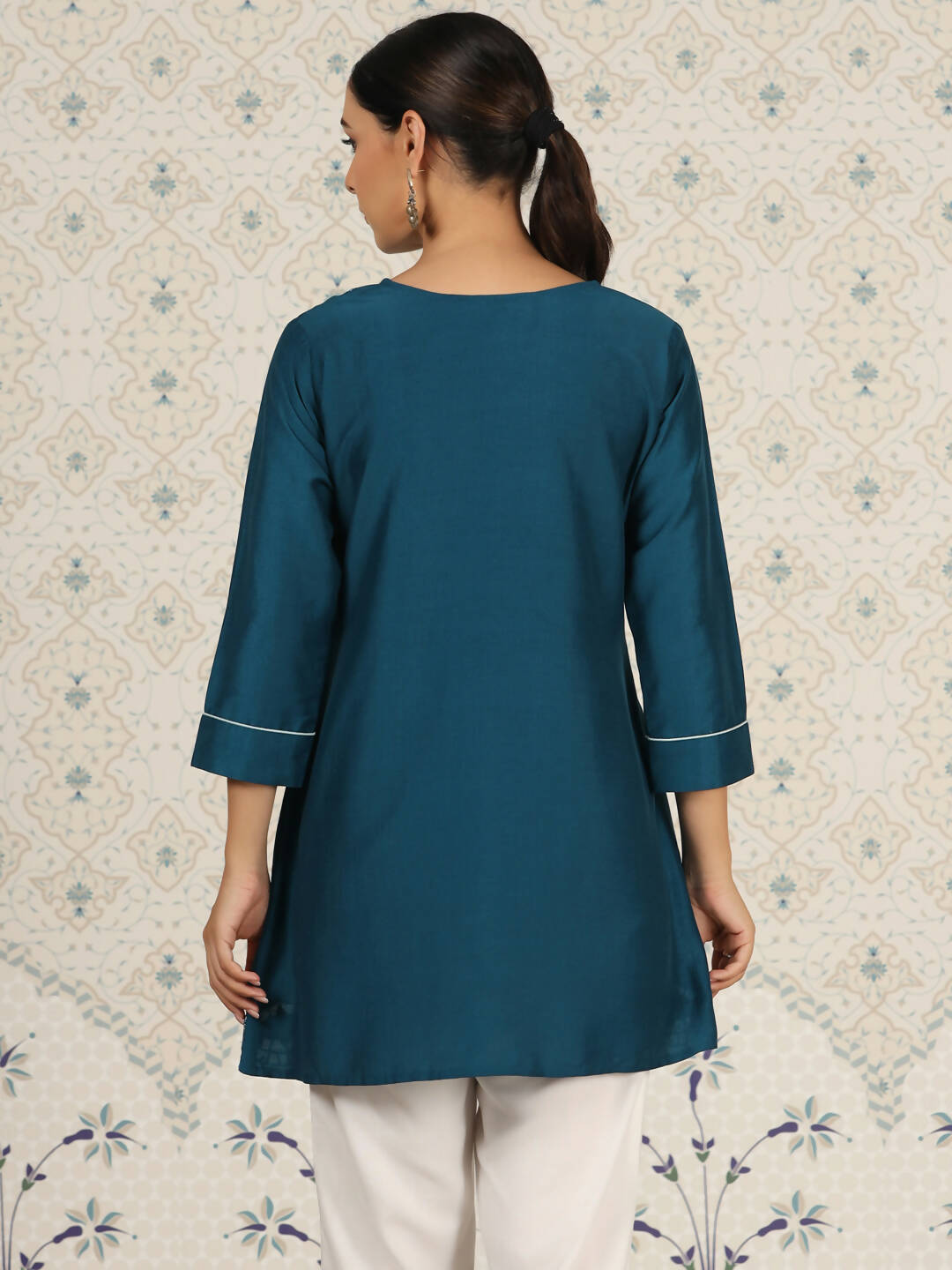 Teal Chinon Embroidered Straight Top - Zeny - Distacart