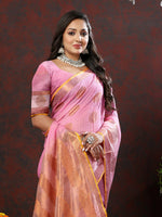 Thumbnail for Lorenvalley Fashion Pink Cotton with Woven Design Zari Weaving Saree - Distacart