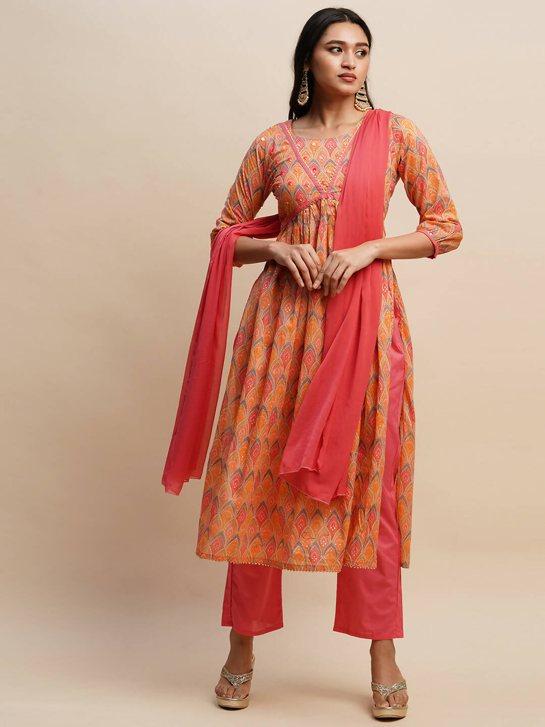 Orange Pure Cotton Bandhani Printed Naira Cut Kurta And Bottom With Dupatta - Akashara - Distacart