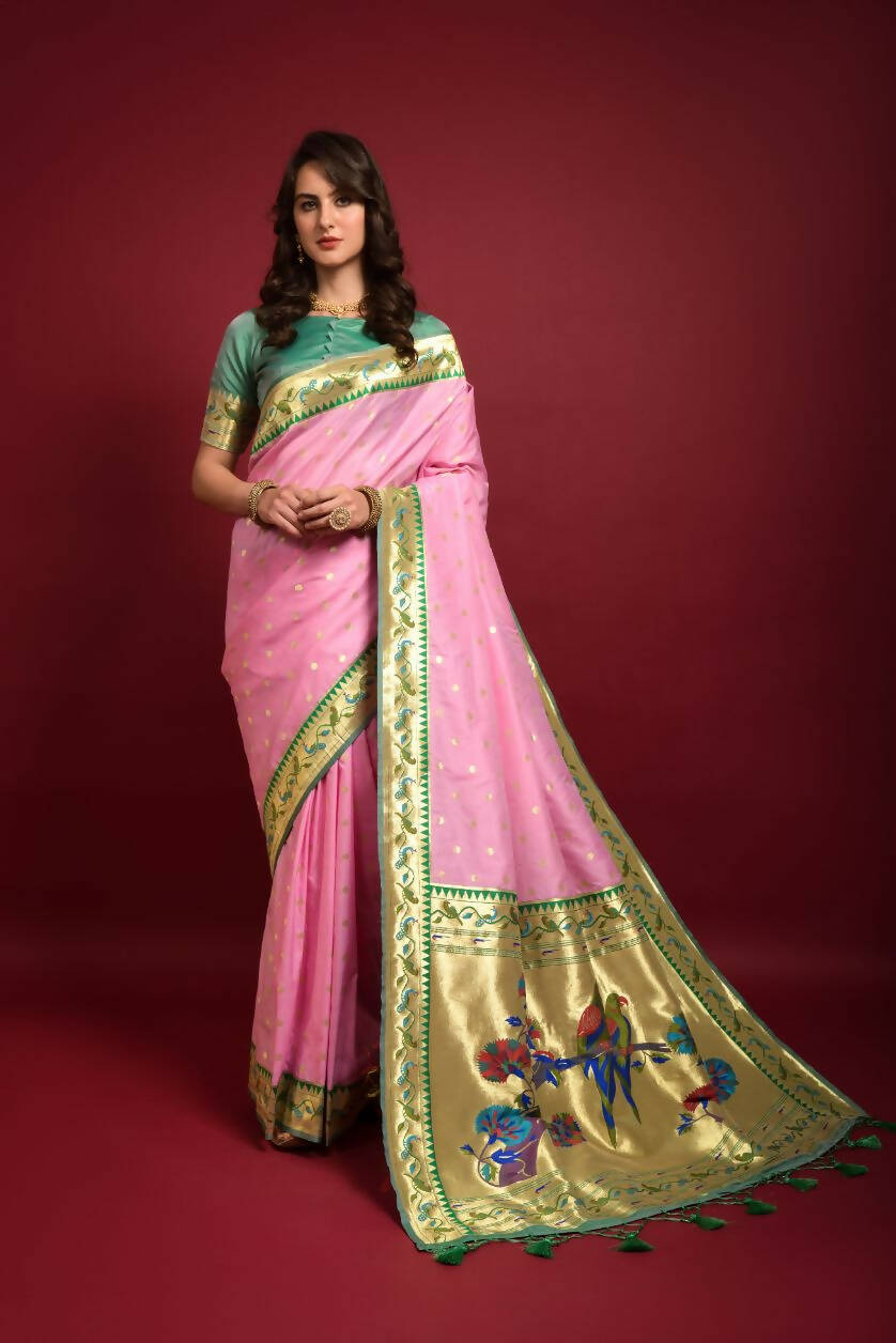 Vishnu Weaves Women's Baby Pink Paithani Silk Zari Woven Saree with Unstitched Blouse - Distacart