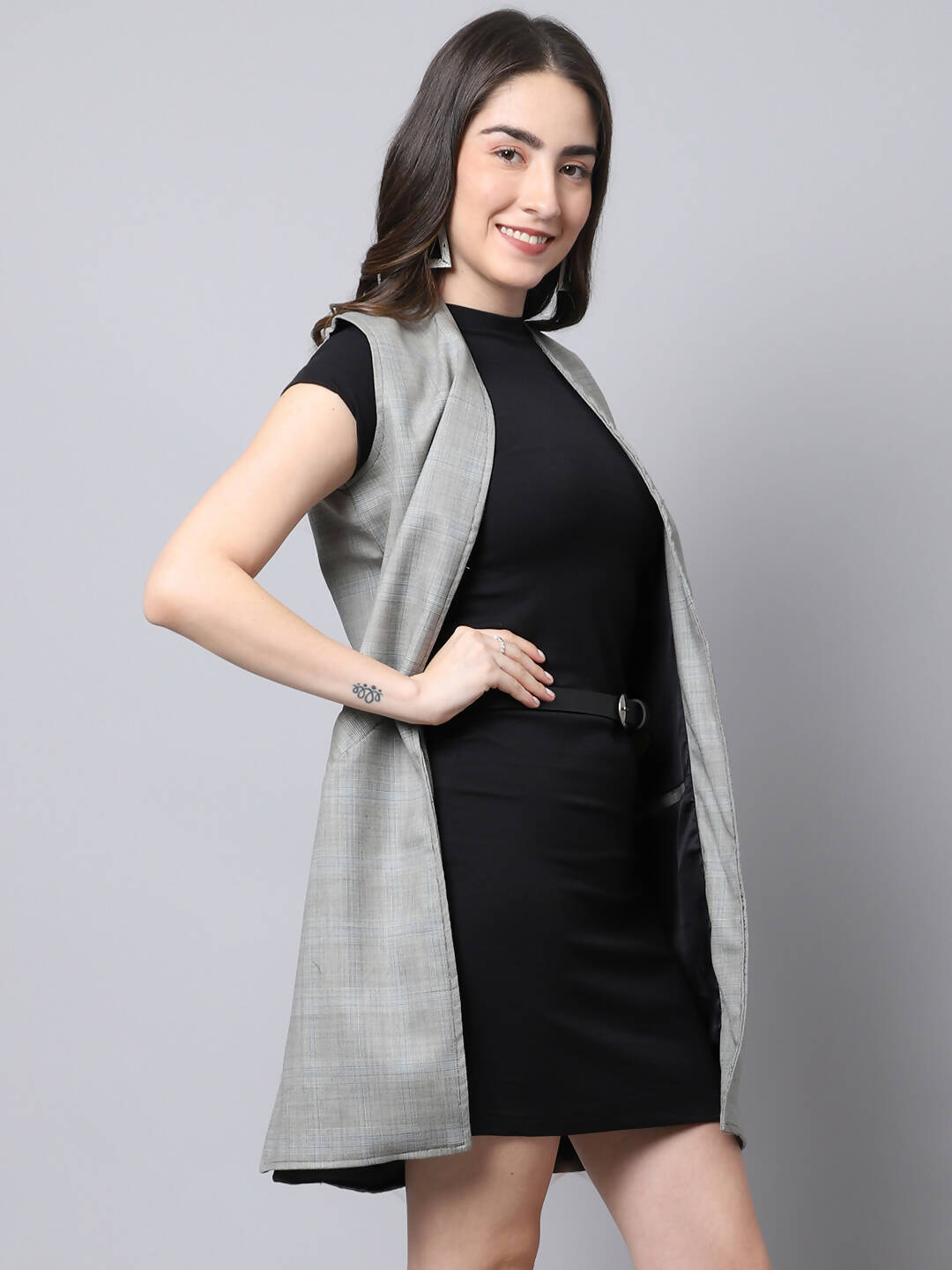 Even Apparels Grey Polywool Open Front Checked Women's Long Coat - Distacart