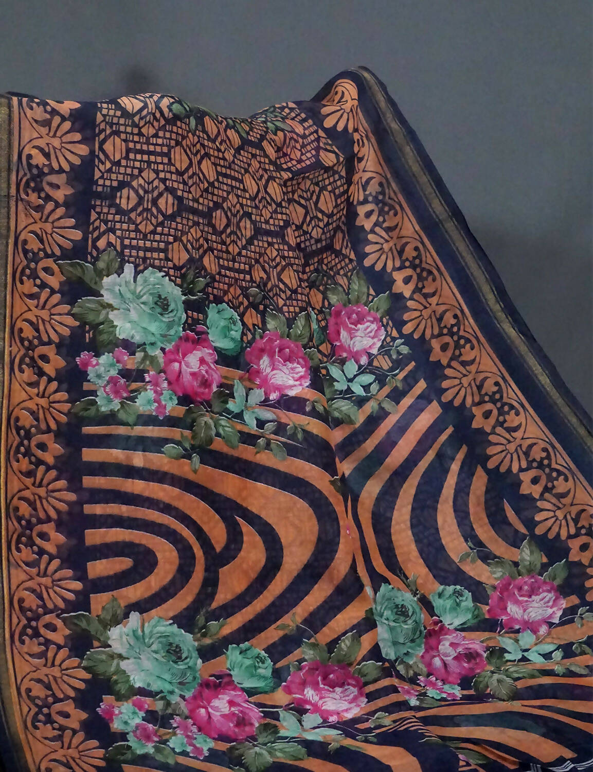 Shades Of Navy Blue Floral Design Semi Chanderi Saree By Gayathri Reddy Designer Studio - Distacart