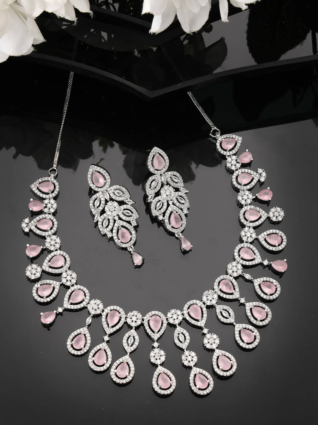NVR Women Silver Plated & Pink Cz Stone Handcrafted Jewellery Set - Distacart